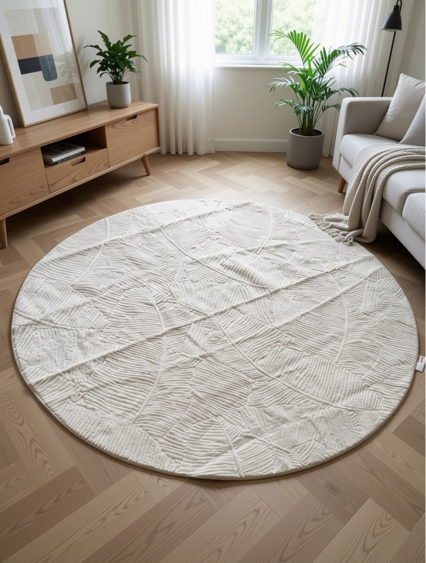 Lot 59. beige round area rug approx 165cm, non-slip back, machine washable, low pile. new